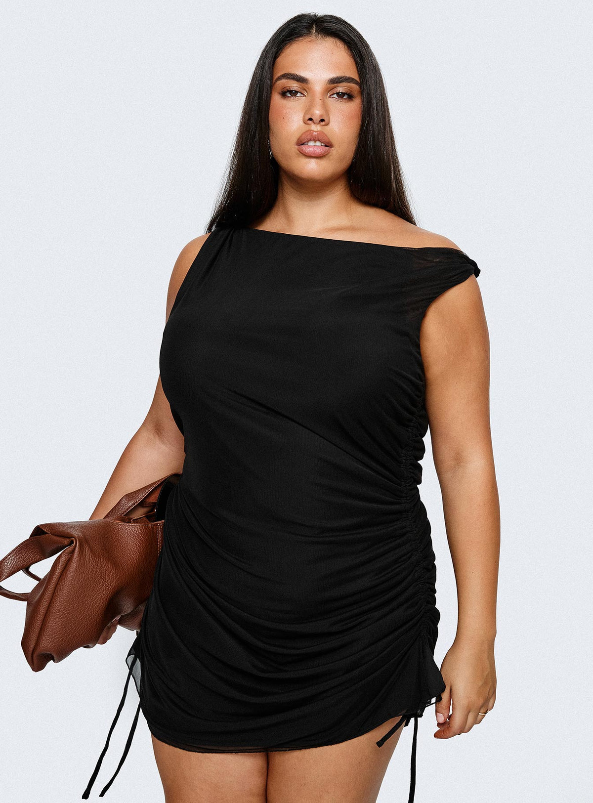 back view of model wearing Princess Polly Bella Luna Ruched Mini Dress Black Curve Asymmetric Neckline 