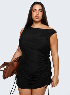 back view of model wearing Princess Polly Bella Luna Ruched Mini Dress Black Curve Asymmetric Neckline 