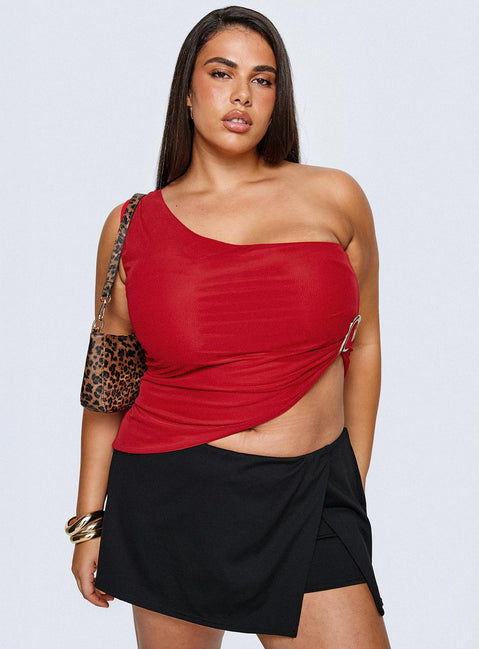 back view of model wearing Princess Polly Machiatto One Shoulder Top Red Curve Sleeveless Asymmetric Neckline 