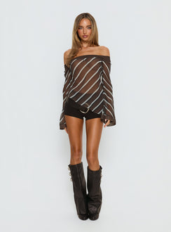 Trinkie Long Sleeve Off Shoulder Chiffon Top Navy Stripe