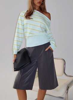 front view of model wearing Princess Polly Zinia Off Shoulder Knit Sweater Grey / Blue Stripe Cropped Jumpers 