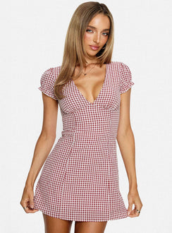 Mystee Plunge Neck Playsuit Burgundy Gingham