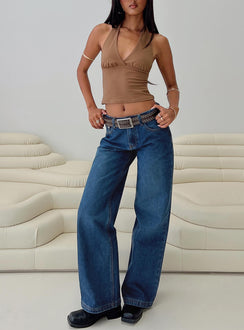 front view of model wearing Princess Polly Whimsy Halter Top Chocolate Sleeveless Plunger 