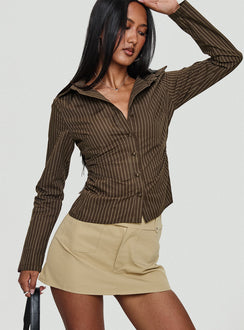 front view of model wearing Princess Polly Held My Hand Long Sleeve Top Brown Stripe Full Sleeves High Neck 