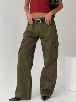 side view of model wearing Princess Polly Ahstin Cargo Jeans Green Low Rise Jeans 
