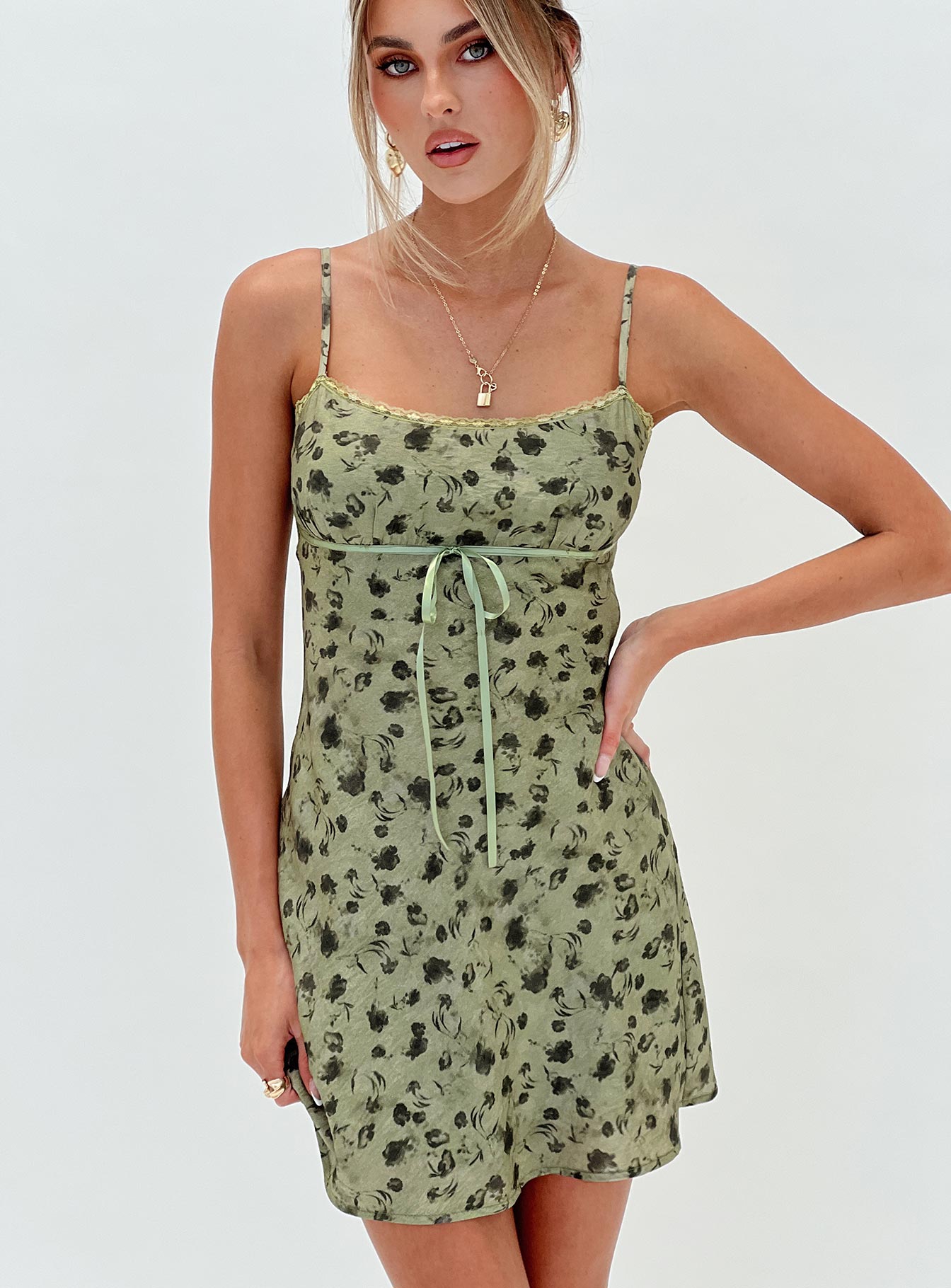 front view of model wearing Princess Polly Valencia Mini Dress Sage Floral Scoop Neck 