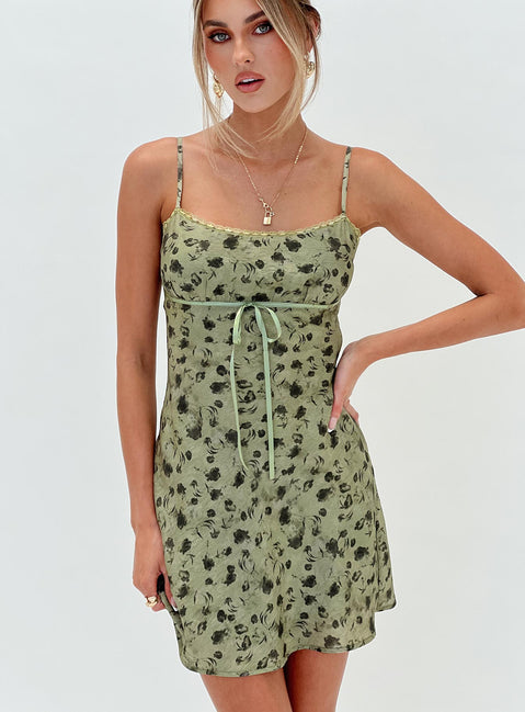 front view of model wearing Princess Polly Valencia Mini Dress Sage Floral Scoop Neck 