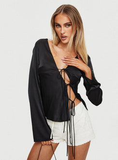 side view of model wearing Princess Polly Mariah Long Sleeve Top Black Full Sleeves Plunger 