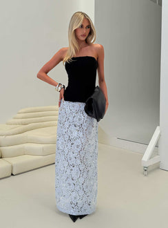   side view of model wearing Princess Polly Carman Lace Midi Skirt Blue Maxi Skirts Skirts 