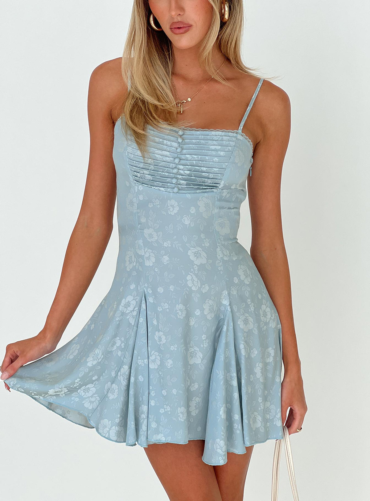 front view of model wearing Princess Polly Bluebird Jacquard Mini Dress Blue Square Neck 