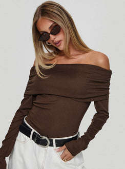 back view of model wearing Princess Polly Spoilt Off The Shoulder Bodysuit Brown Long Sleeve Tops 