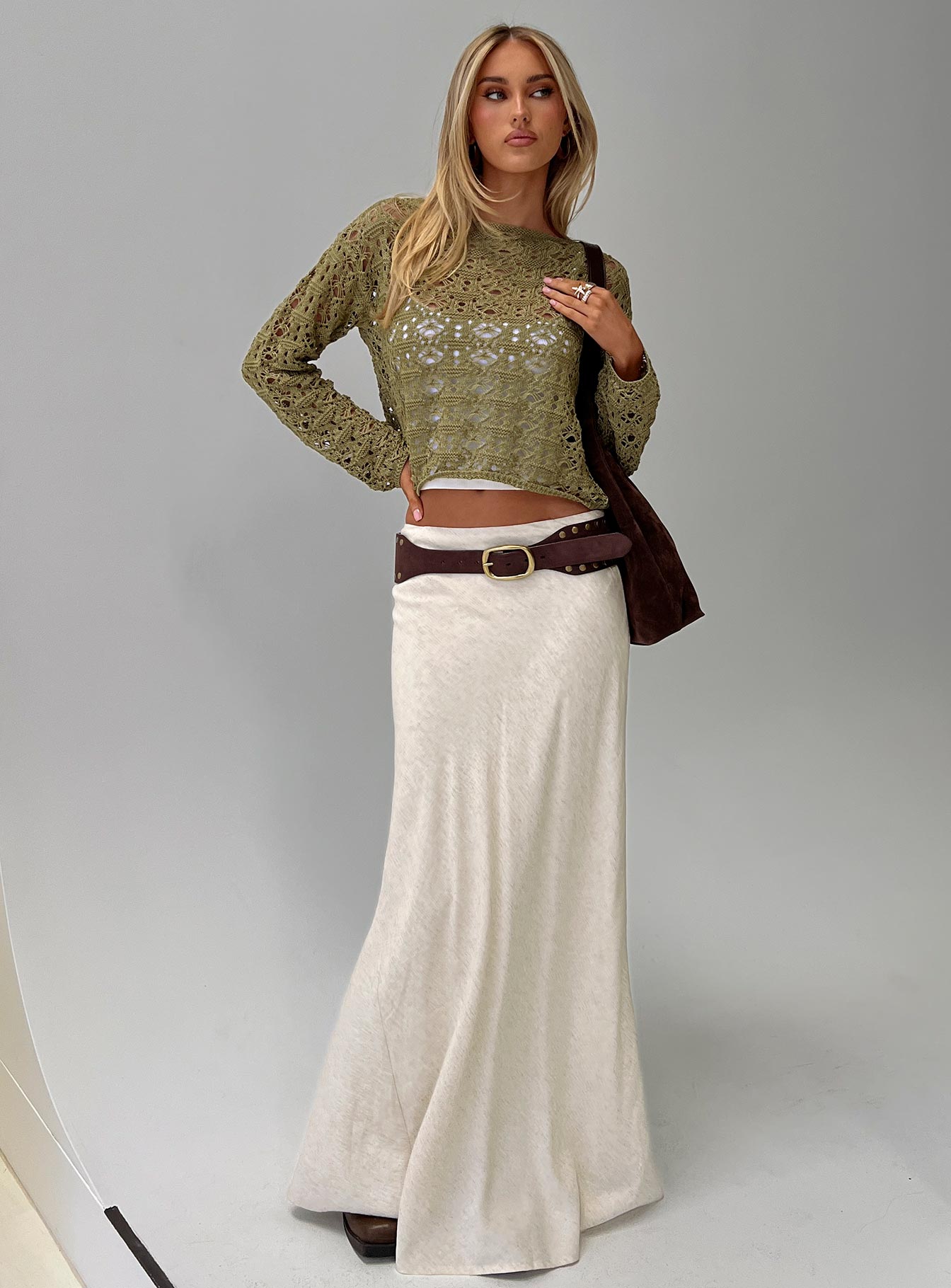 front view of model wearing Princess Polly Birdena Sweater Green Cropped Jumpers Jumpers 