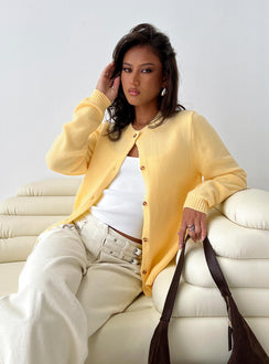 back view of model wearing Princess Polly Arica Button Up Knit Cardigan Lemon Longline Jumpers 