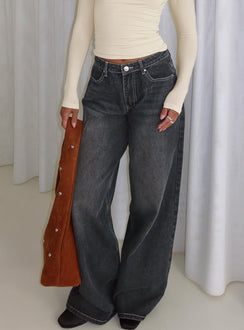 Crafted from Naylor Wide Leg Jeans Grey Wash Petite womens-jeans with high-rise detail view of model wearing