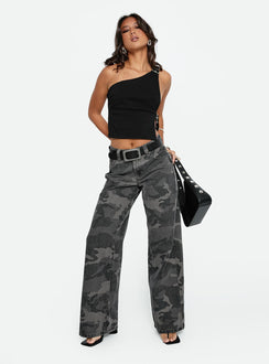 front view of model wearing Princess Polly Big Talk Mid Rise Straight Leg Jeans Grey Washed Camo Mid Rise Jeans Jeans 