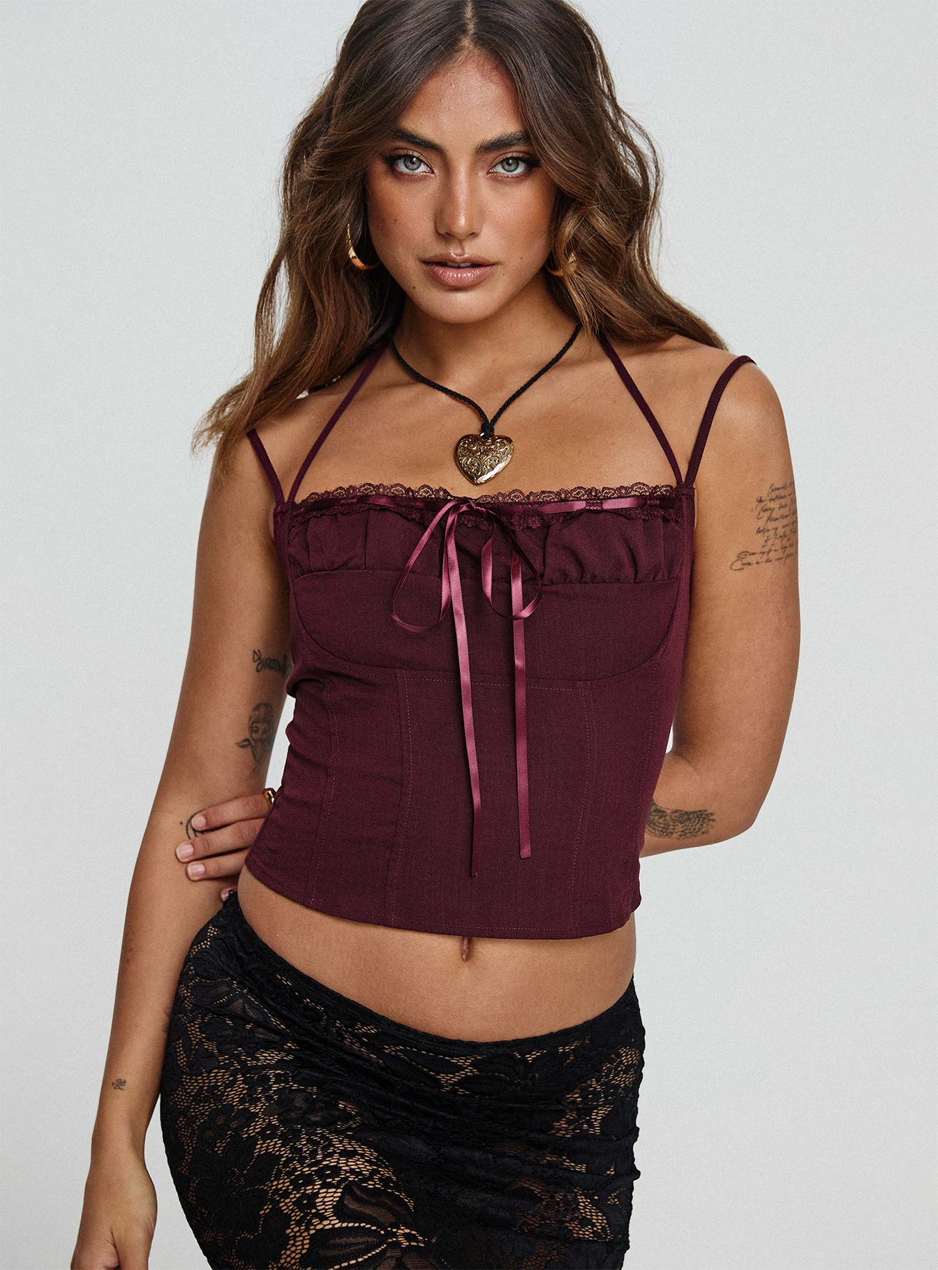 front view of model wearing Princess Polly Trynia Top Burgundy Sleeveless Square Neck 