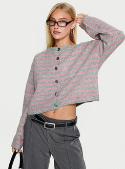 back view of model wearing Princess Polly Raynna Button Up Cardigan Pink / Grey Stripe Cropped Jumpers Jumpers 