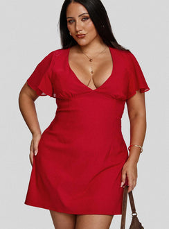 side view of model wearing Princess Polly Florie Corset Mini Dress Red Curve Plunger 