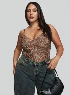 side view of model wearing Princess Polly Elixia Bodysuit Leopard Curve Sleeveless 