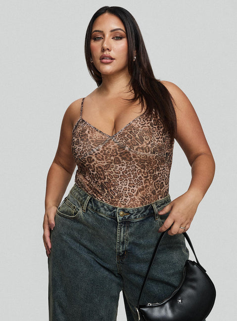 side view of model wearing Princess Polly Elixia Bodysuit Leopard Curve Sleeveless 