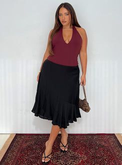 back view of model wearing Princess Polly With Kindness Midi Skirt Black Curve Midi Skirts 