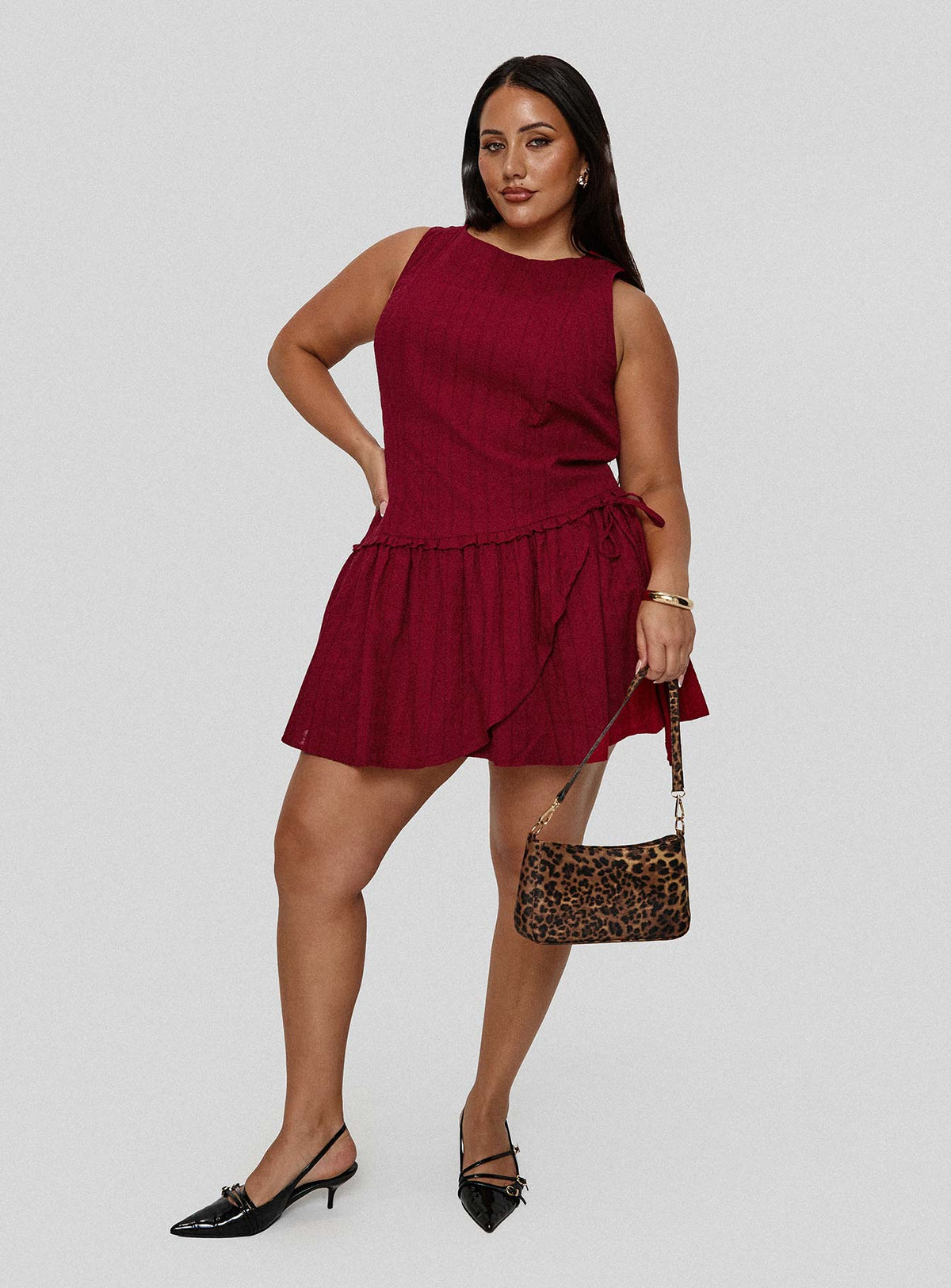back view of model wearing Princess Polly Cosie Mini Dress Red Curve Crew Neck 