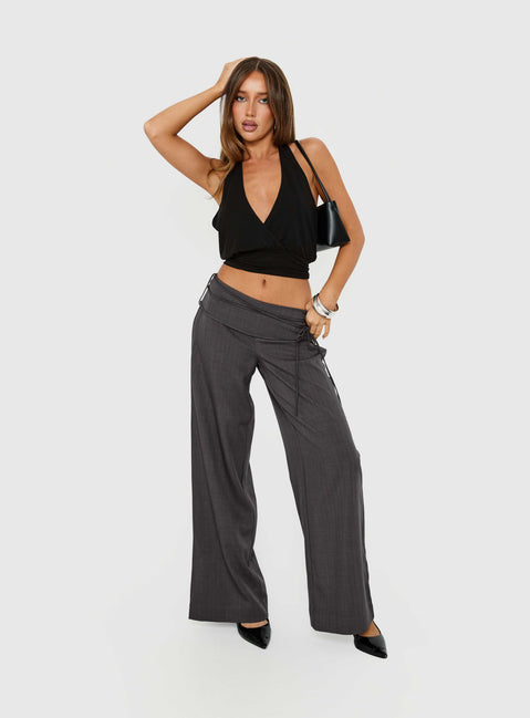 front view of model wearing Princess Polly Silver Moon Tie Pants Charcoal Mid Rise Pants Pants 