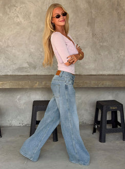 Ramos Low Rise Double Button Wide Leg Denim Jeans Light Vintage Blue