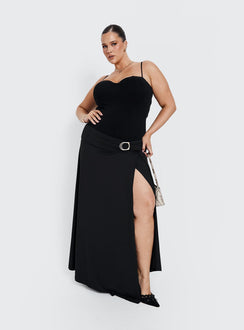 Featuring the Nola Hardware Slit Maxi Skirt Black Curve in womens-skirts with a fitted aline silhouette and lace hem front view of model wearing