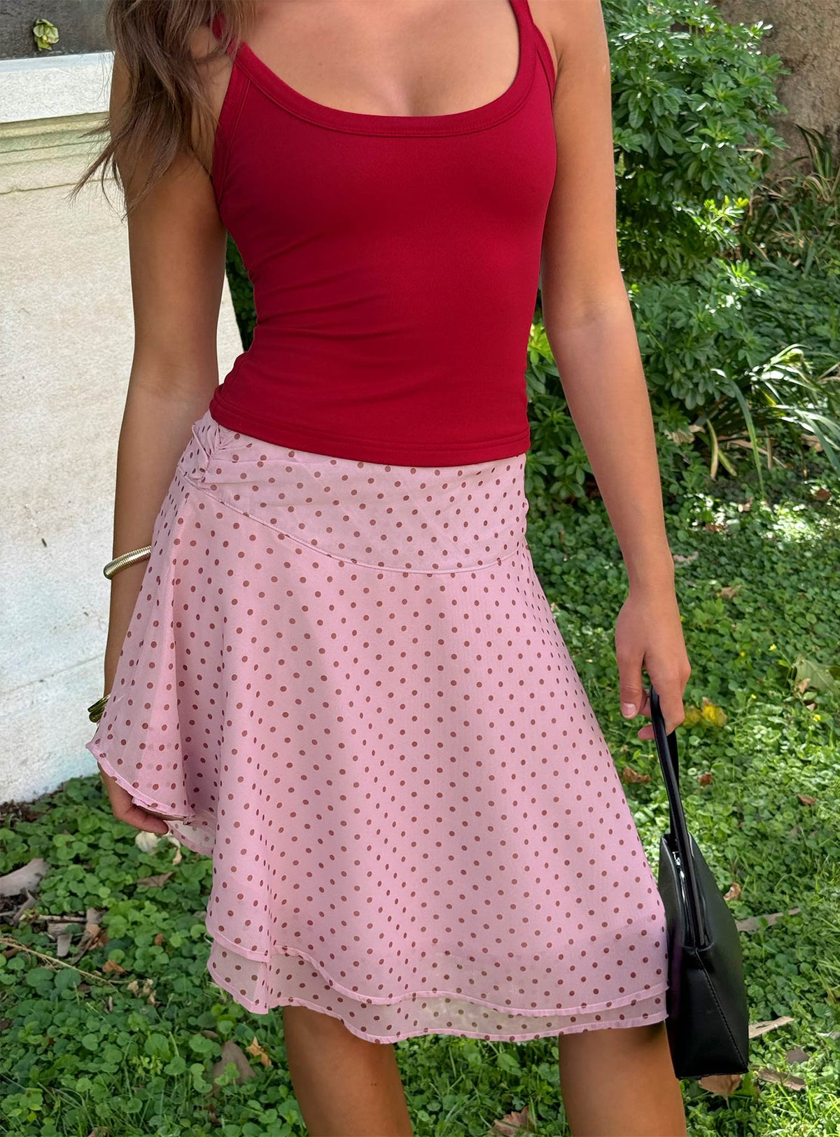 Evanescence Asymmetrical Midi Skirt Pink Polka Dot Midi Skirts Skirts 