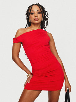 front view of model wearing Princess Polly Marcou Mini Dress Red Asymmetric Neckline 
