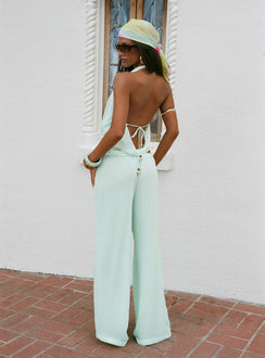 back view of model wearing Princess Polly Distinction Chiffon Pants Aqua Mid Rise Pants 