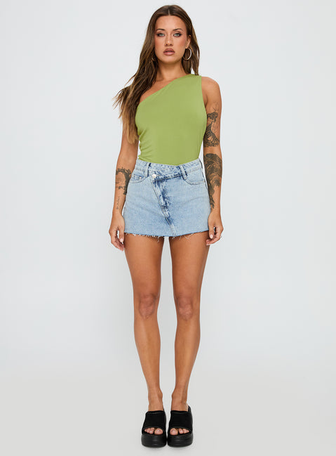 front view of model wearing Princess Polly Ferrera One Shoulder Bodysuit Green Sleeveless 