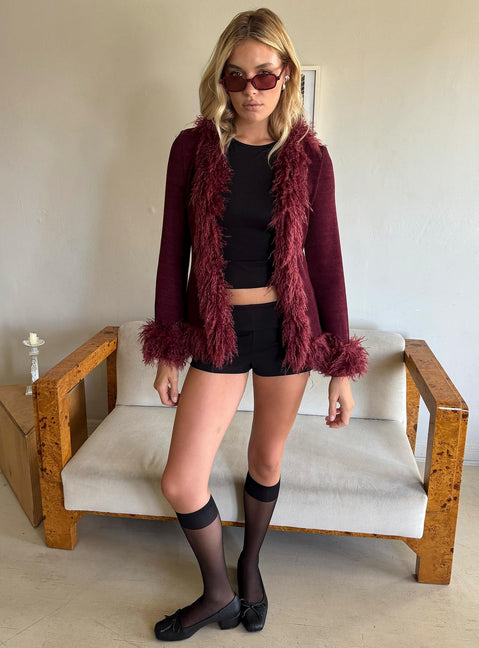 Introducing the Brynlie Faux Fur Trim Boxy Cardigan Burgundy womens jumper with short length front view of model wearing Princess Polly