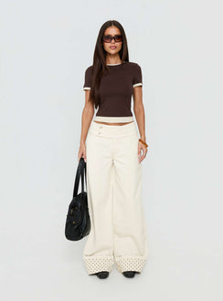 front view of model wearing Princess Polly Nikoletta Foldover Jeans Cream / Polka Mid Rise Jeans 