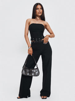 front view of model wearing Princess Polly Passionette Strapless Top Black Petite Sleeveless straight 