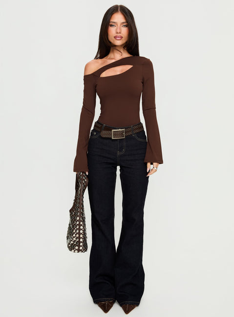 front view of model wearing Princess Polly Raissa Cut Out One Shoulder Bodysuit Brown Long Sleeve Tops 