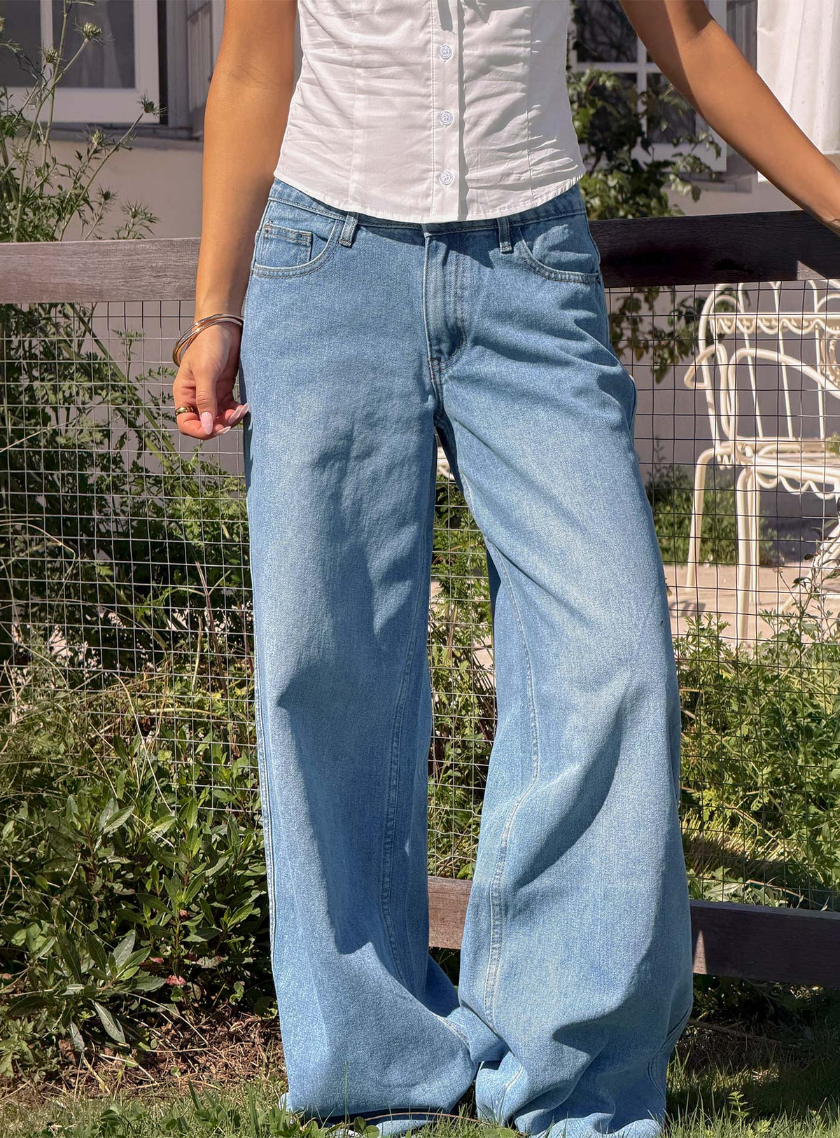 Ramos Low Rise Wide Leg Denim Jeans Bright Blue Wash Mid Rise Jeans Jeans 