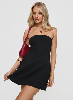 back view of model wearing Princess Polly Riccoli Mini Dress Black Straight Neck 