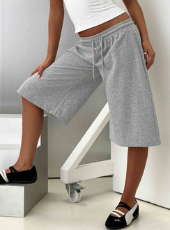 Crafted from comfortable fabric, the Nikko Longline Fleece Shorts Grey Marle in womens regular pants with mid-rise on-body view of model wearing Princess Polly
