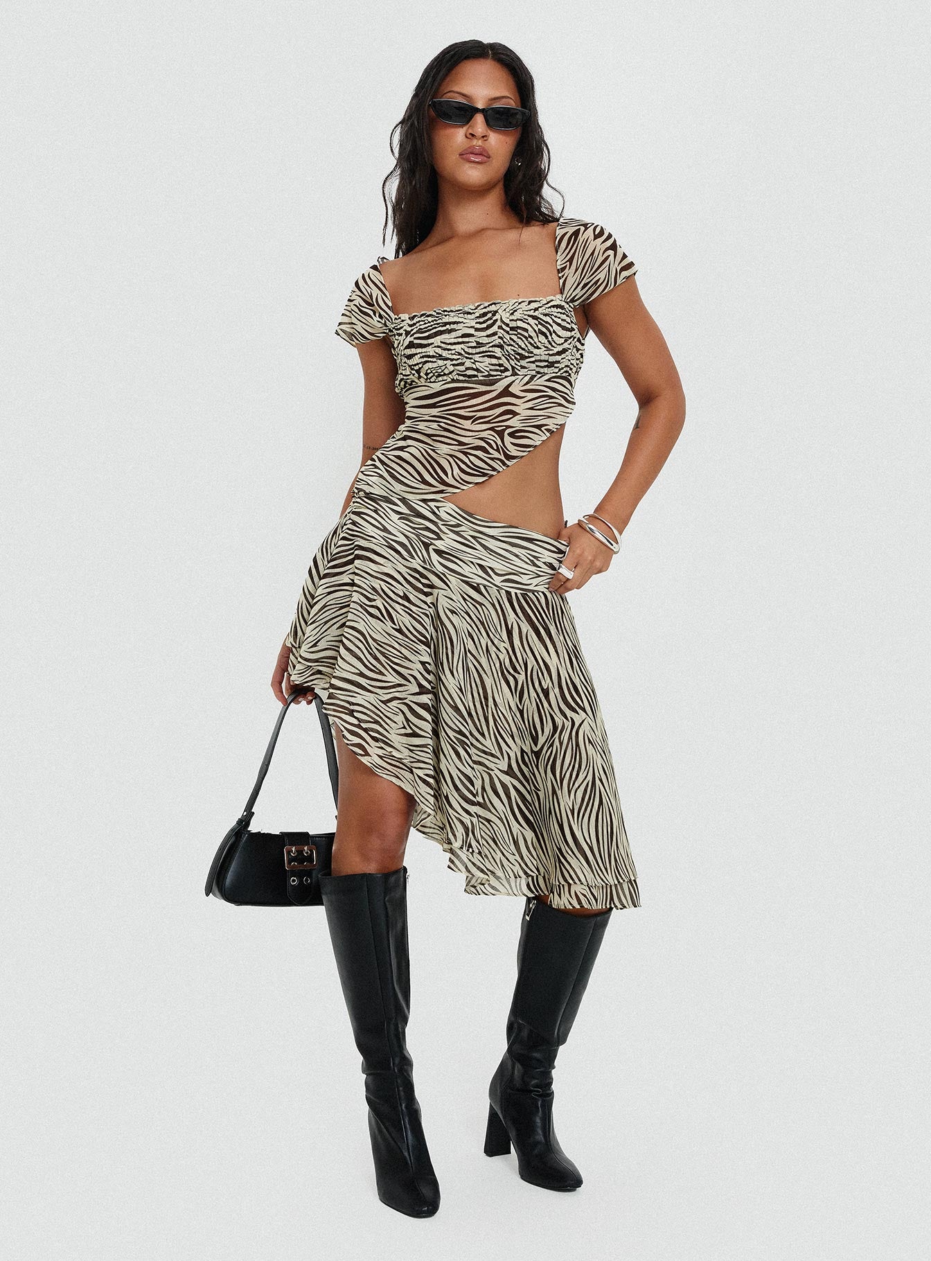 front view of model wearing Princess Polly District Top Zebra Short Sleeves Square Neck 