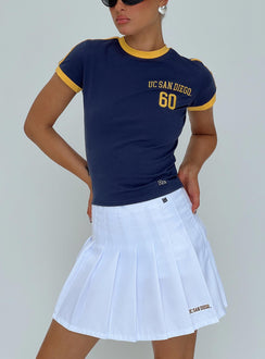 front view of model wearing Princess Polly UCSD Goalie Baby Tee Navy Short Sleeves Crew Neck 