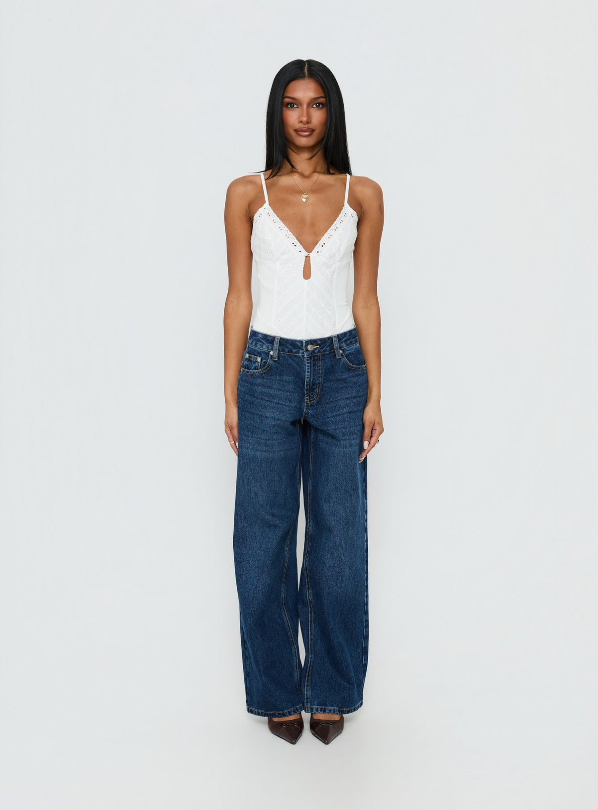 front view of model wearing Princess Polly Nerisse Keyhole Bodysuit White Sleeveless 