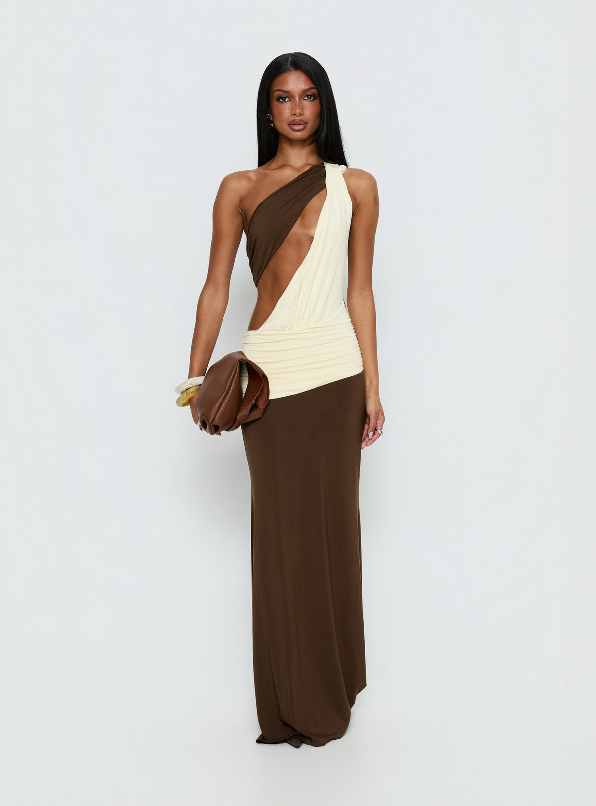 Loletta Draped One Shoulder Maxi Dress Chocolate / Yellow