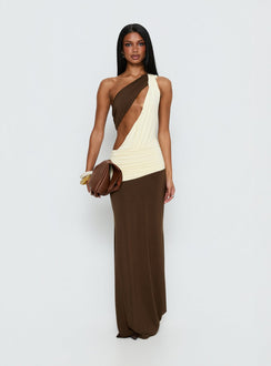 Loletta Draped One Shoulder Maxi Dress Chocolate / Yellow
