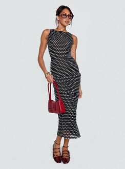 back view of model wearing Princess Polly Top Of Mind Maxi Dress Black Crew Neck 