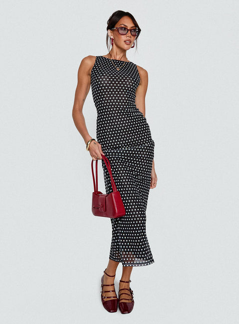 back view of model wearing Princess Polly Top Of Mind Maxi Dress Black Crew Neck 