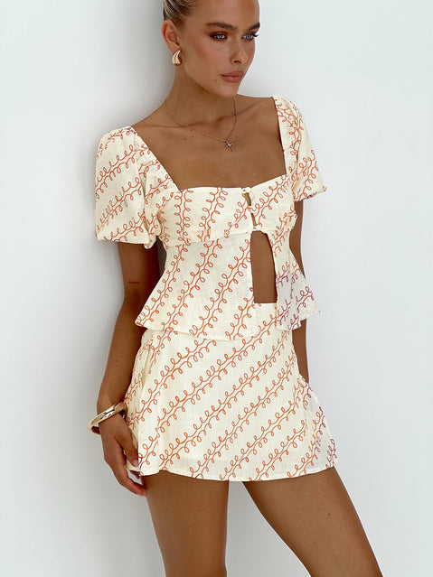 front view of model wearing Princess Polly Passionfruit Linen Blend Top Multi Short Sleeves Square Neck 