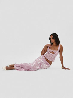 back view of model wearing Princess Polly Kalei Maxi Skirt Pink Floral Maxi 