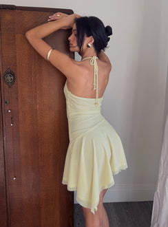 Rush Beaded Asymmetrical Halter Mini Dress Yellow